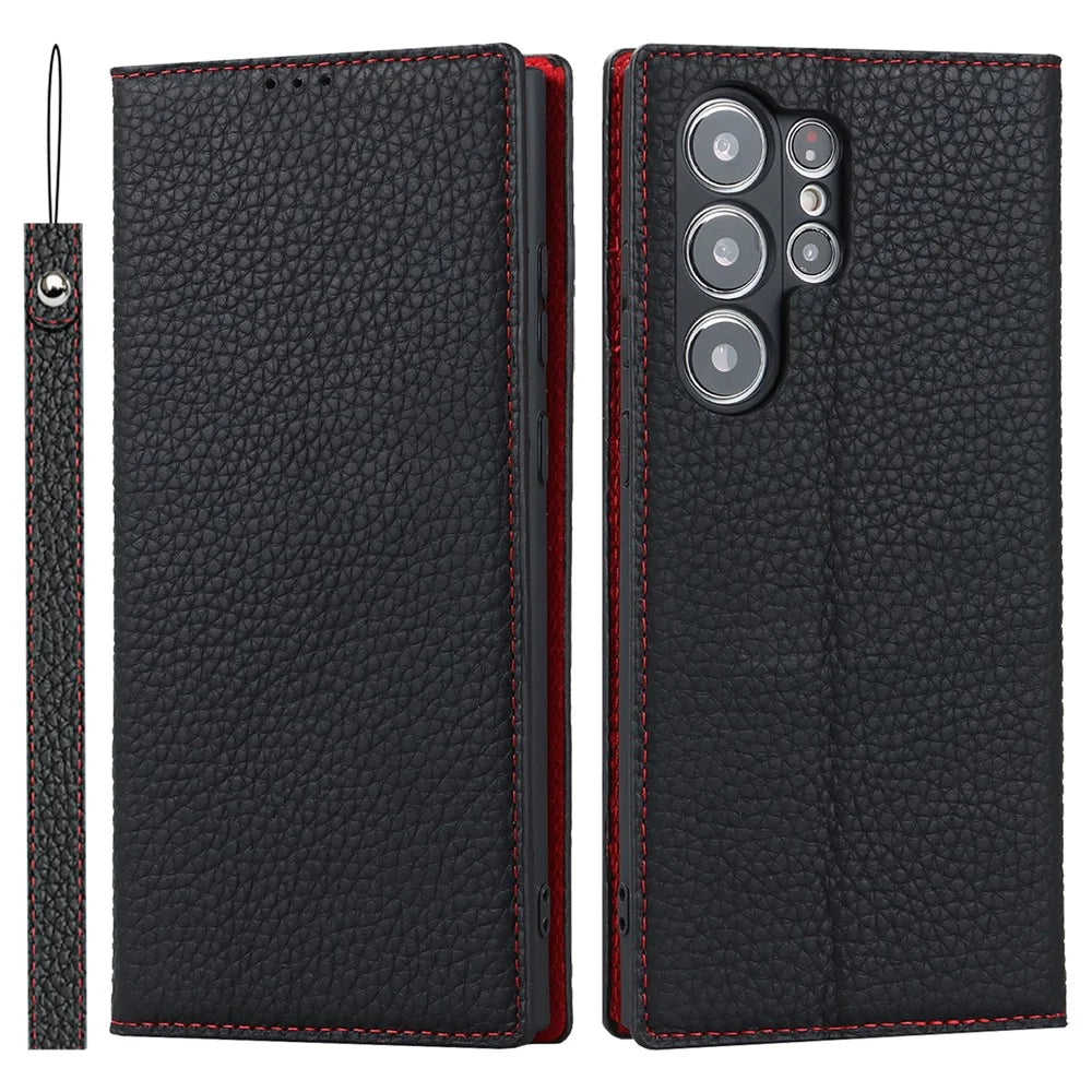 For Samsung Galaxy S23 Ultra Anti-Dust Litchi Texture Genuine Leather Case Flip Wallet Stand Phone Protective Cover with Hand Strap - Black - 1