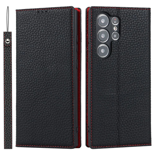 For Samsung Galaxy S23 Ultra Anti-Dust Litchi Texture Genuine Leather Case Flip Wallet Stand Phone Protective Cover with Hand Strap - Black - 1