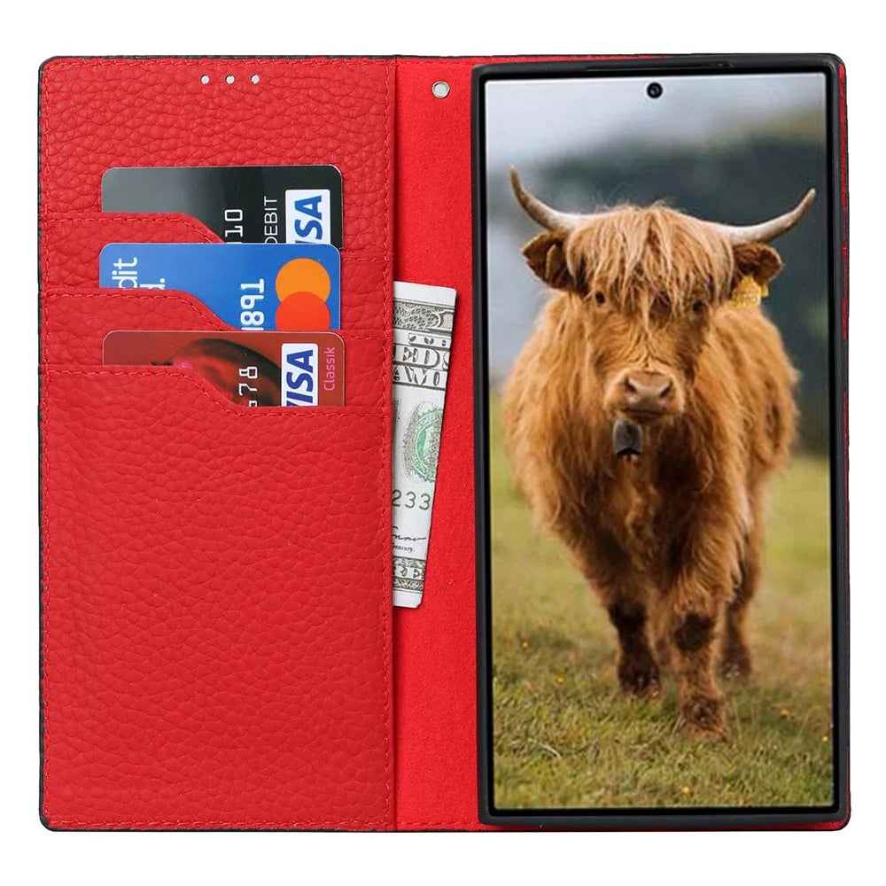 For Samsung Galaxy S23 Ultra Anti-Dust Litchi Texture Genuine Leather Case Flip Wallet Stand Phone Protective Cover with Hand Strap - Black - 2