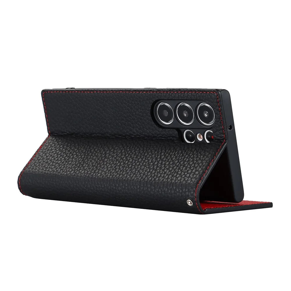 For Samsung Galaxy S23 Ultra Anti-Dust Litchi Texture Genuine Leather Case Flip Wallet Stand Phone Protective Cover with Hand Strap - Black - 4