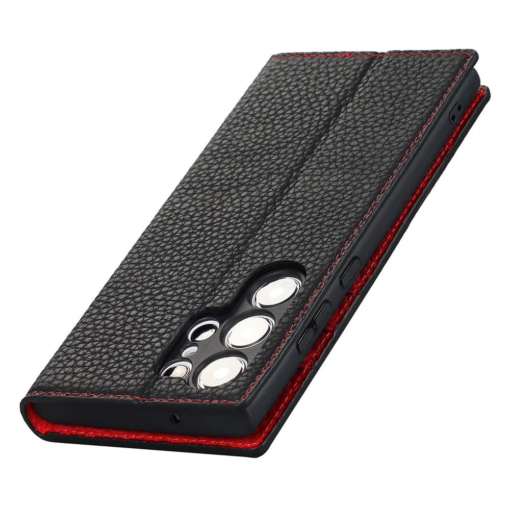 For Samsung Galaxy S23 Ultra Anti-Dust Litchi Texture Genuine Leather Case Flip Wallet Stand Phone Protective Cover with Hand Strap - Black - 5