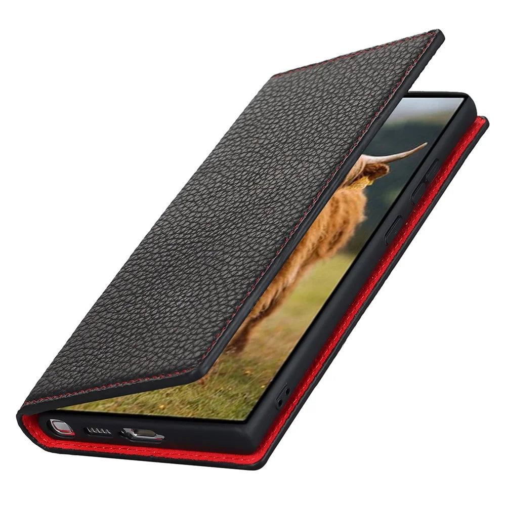 For Samsung Galaxy S23 Ultra Anti-Dust Litchi Texture Genuine Leather Case Flip Wallet Stand Phone Protective Cover with Hand Strap - Black - 6