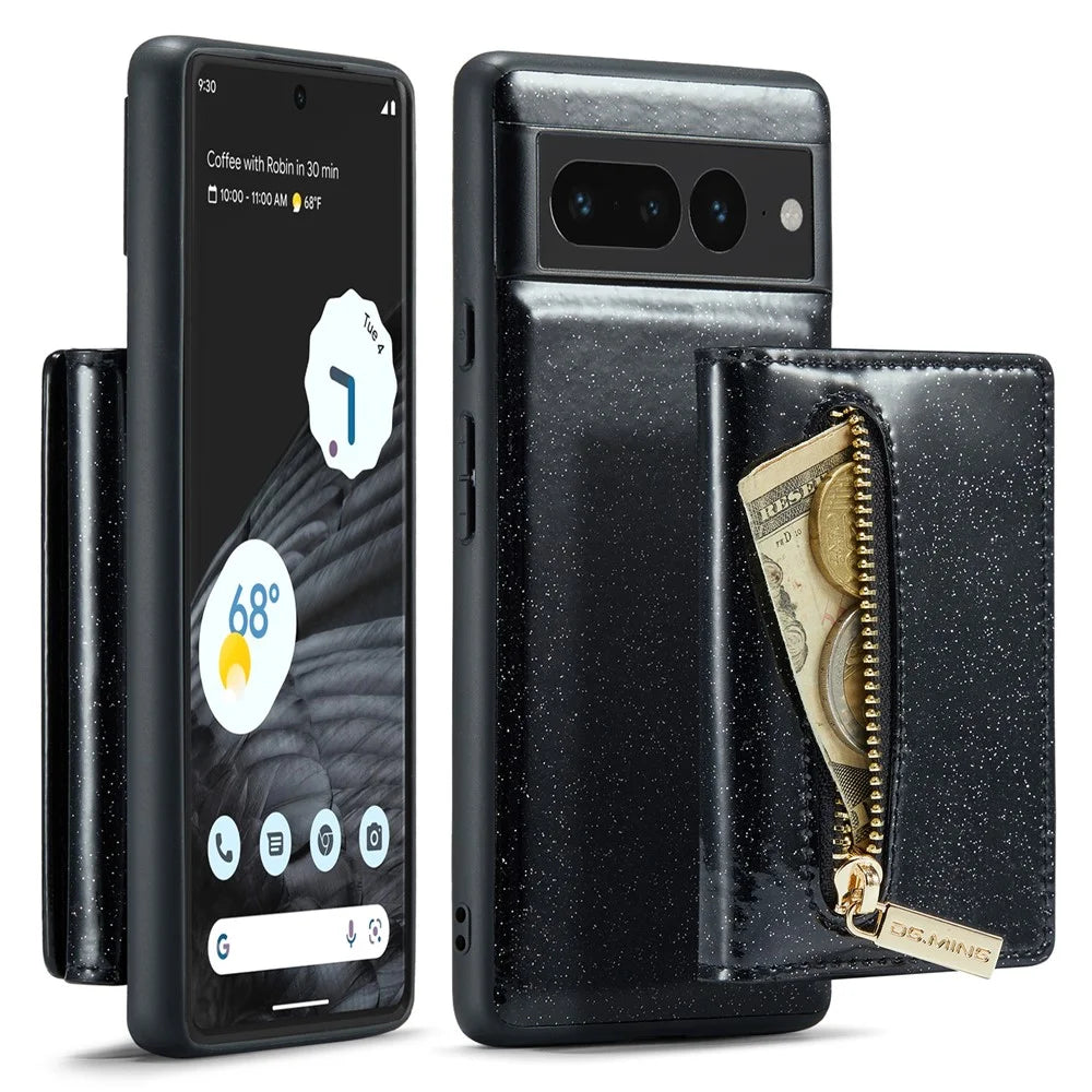 DG.MING M3 Series For Google Pixel 7 Pro 5G Glitter Bling Powder PU Leather Magnetic Anti-drop Phone Cover Detachable PC+TPU Kickstand Wallet Phone Case - Black - 1