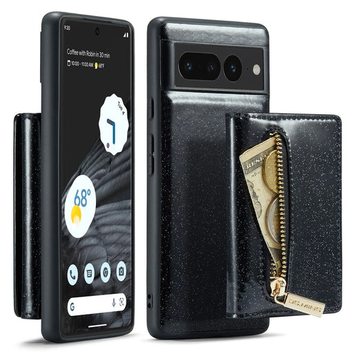 DG.MING M3 Series For Google Pixel 7 Pro 5G Glitter Bling Powder PU Leather Magnetic Anti-drop Phone Cover Detachable PC+TPU Kickstand Wallet Phone Case - Black - 1