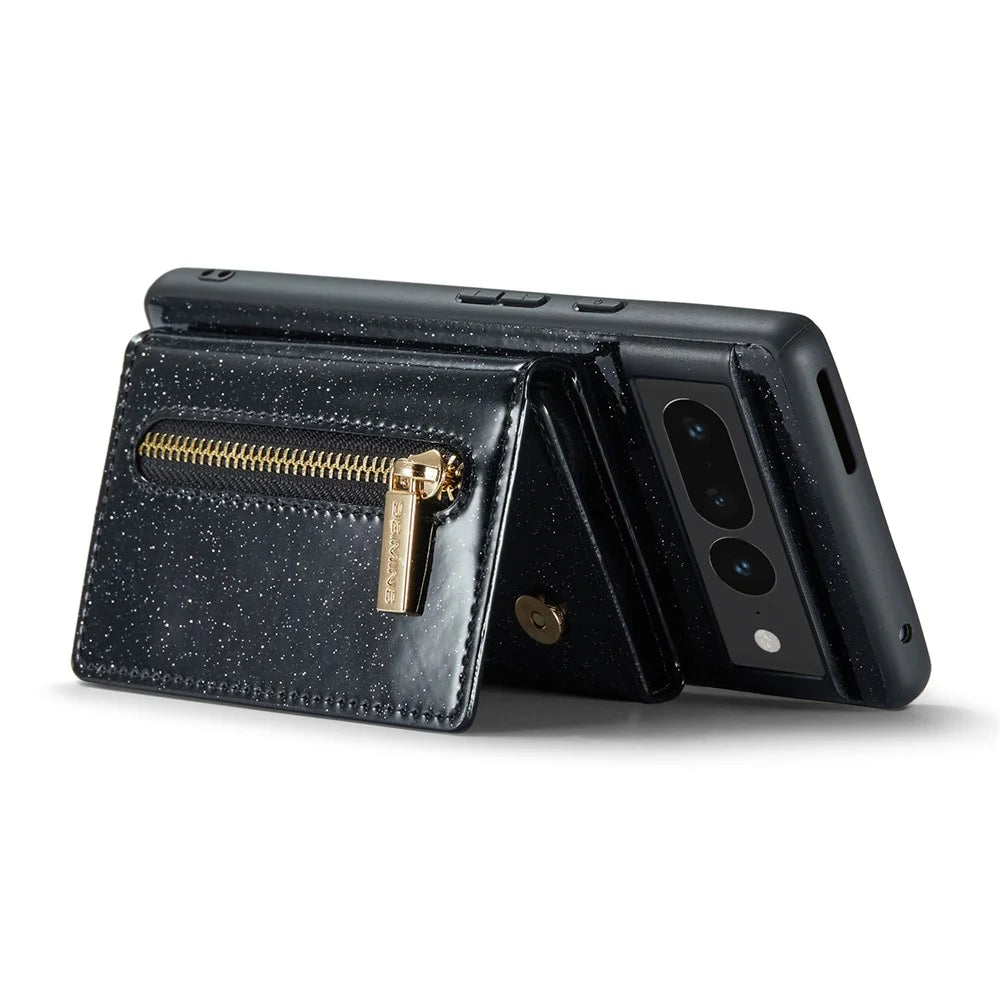 DG.MING M3 Series For Google Pixel 7 Pro 5G Glitter Bling Powder PU Leather Magnetic Anti-drop Phone Cover Detachable PC+TPU Kickstand Wallet Phone Case - Black - 3