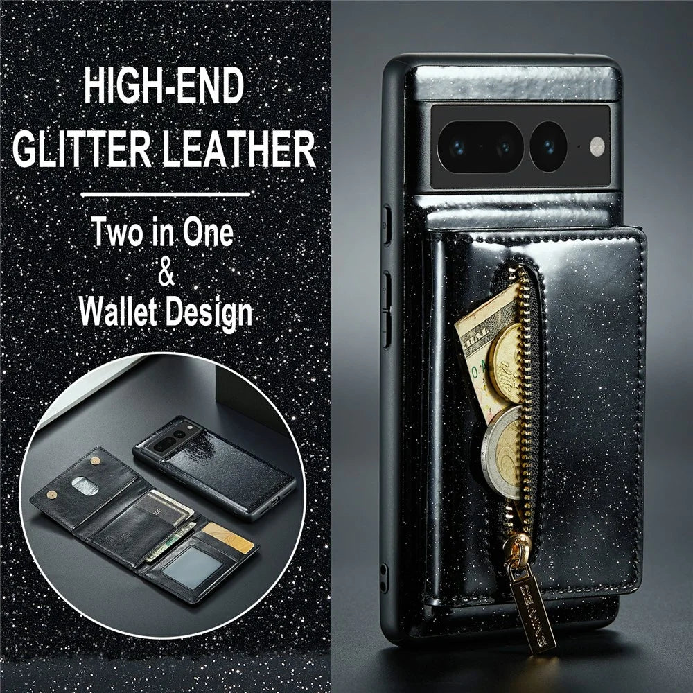 DG.MING M3 Series For Google Pixel 7 Pro 5G Glitter Bling Powder PU Leather Magnetic Anti-drop Phone Cover Detachable PC+TPU Kickstand Wallet Phone Case - Black - 5