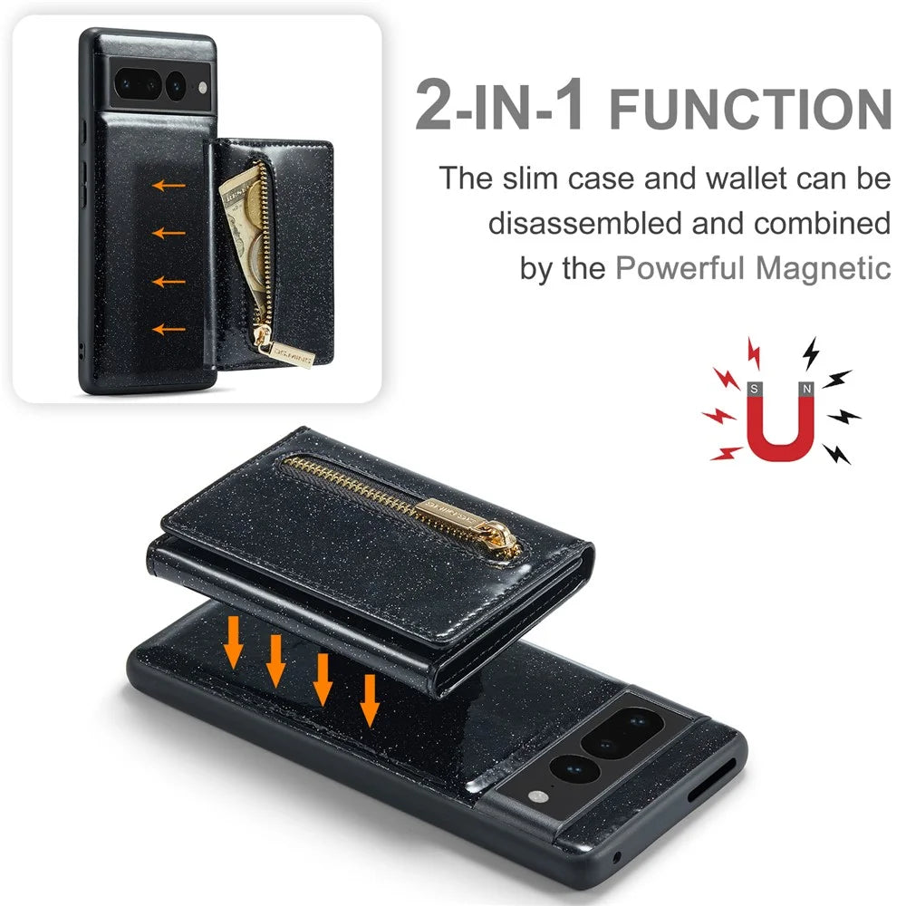 DG.MING M3 Series For Google Pixel 7 Pro 5G Glitter Bling Powder PU Leather Magnetic Anti-drop Phone Cover Detachable PC+TPU Kickstand Wallet Phone Case - Black - 6