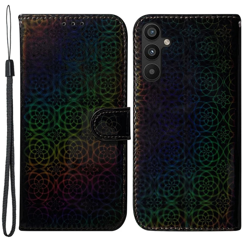 For Samsung Galaxy A54 5G PU Leather Dazzling Flower Pattern Shockproof Wallet Case Stand Magnetic Closure Flip Phone Cover with Strap - Black - 1