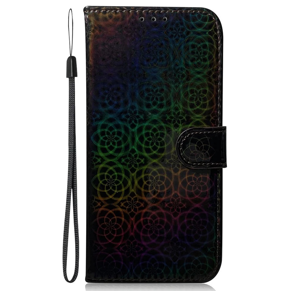 For Samsung Galaxy A54 5G PU Leather Dazzling Flower Pattern Shockproof Wallet Case Stand Magnetic Closure Flip Phone Cover with Strap - Black - 6