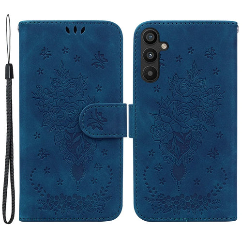 For Samsung Galaxy A34 5G Drop-proof Imprinted Rose Butterfly PU Leather+TPU Inner Shell Magnetic Closure Wallet Stand Phone Cover with Strap - Blue - 1