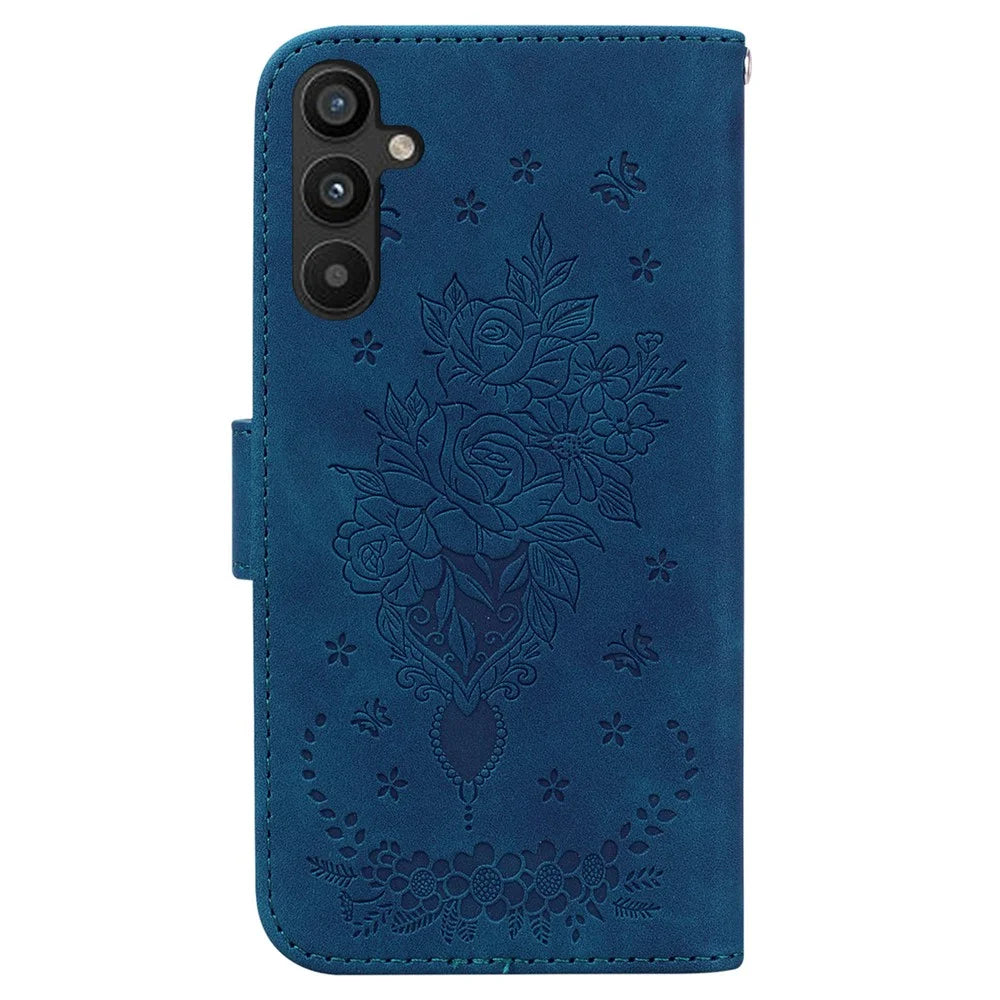For Samsung Galaxy A34 5G Drop-proof Imprinted Rose Butterfly PU Leather+TPU Inner Shell Magnetic Closure Wallet Stand Phone Cover with Strap - Blue - 7