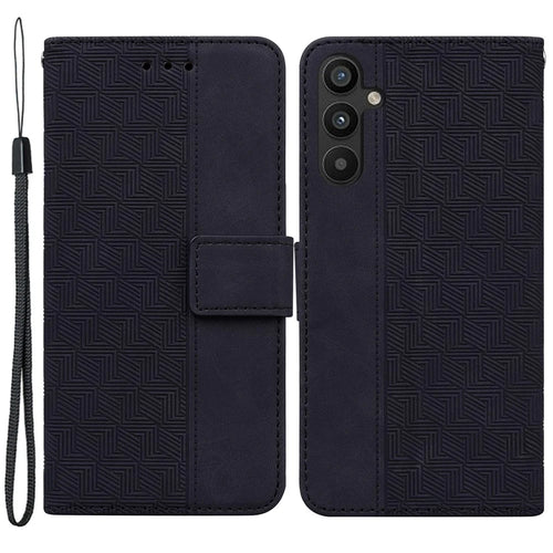 For Samsung Galaxy A34 5G Wallet Shockproof Imprinted Geometry Pattern Phone Case PU Leather Magnetic Closure Hand Strap Stand Flip Phone Cover - Black - 1