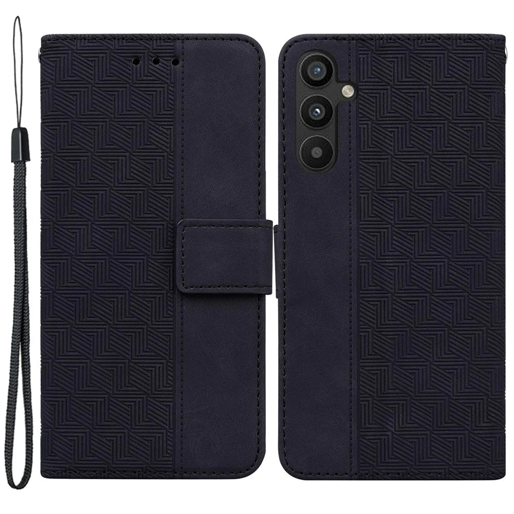For Samsung Galaxy A54 5G Wrist Strap Phone Shell Imprinted Geometry Pattern Phone Case PU Leather Magnetic Closure Stand Wallet - Black - 1
