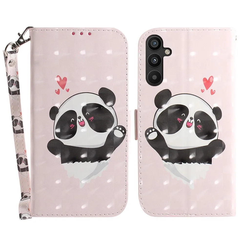 For Samsung Galaxy A54 5G PU Leather 3D Pattern Printing Stand Wallet Drop-proof Phone Case with Strap -  Love Heart Panda - 1