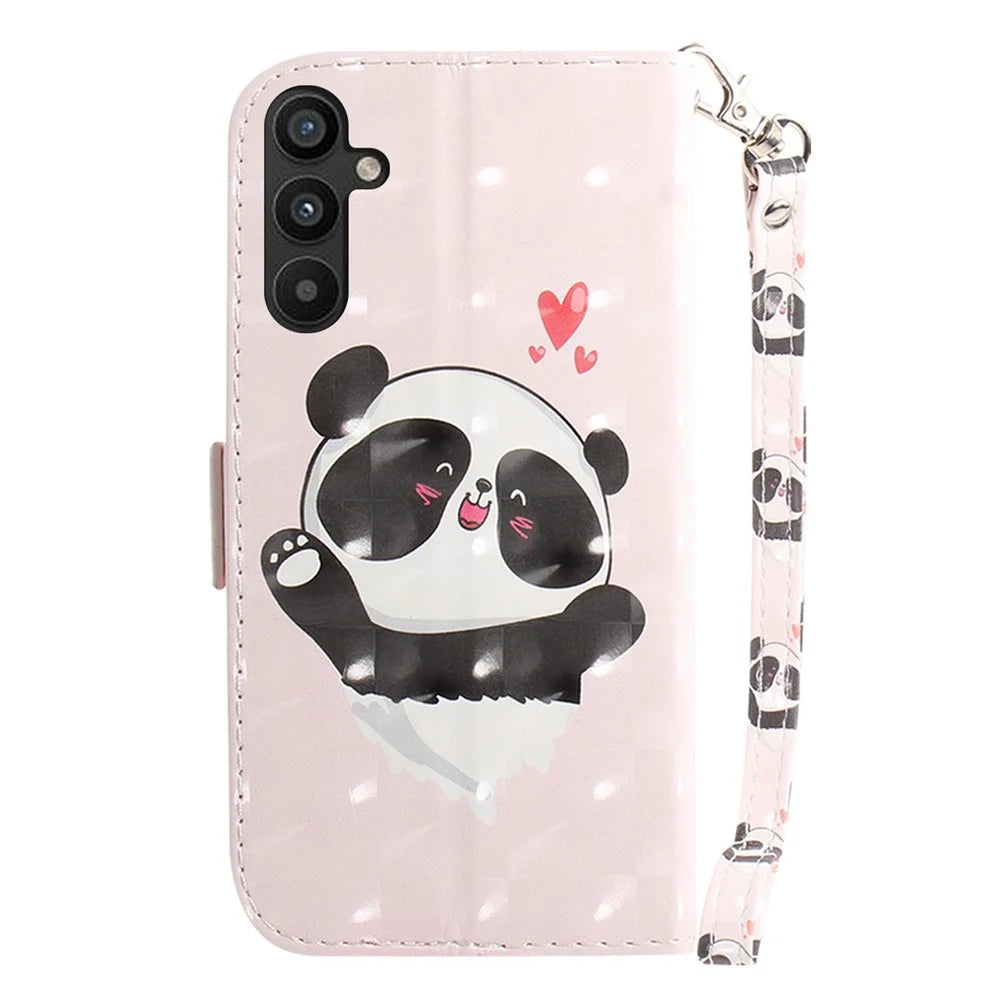 For Samsung Galaxy A54 5G PU Leather 3D Pattern Printing Stand Wallet Drop-proof Phone Case with Strap -  Love Heart Panda - 7