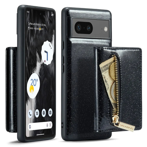 DG.MING M3 Series For Google Pixel 7 5G Magnetic Detachable Glitter Bling Powder PU Leather Phone Cover Wallet Kickstand Shockproof Phone Case - Black - 1