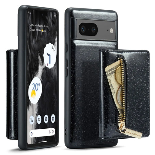 DG.MING M3 Series For Google Pixel 7 5G Magnetic Detachable Glitter Bling Powder PU Leather Phone Cover Wallet Kickstand Shockproof Phone Case - Black - 1