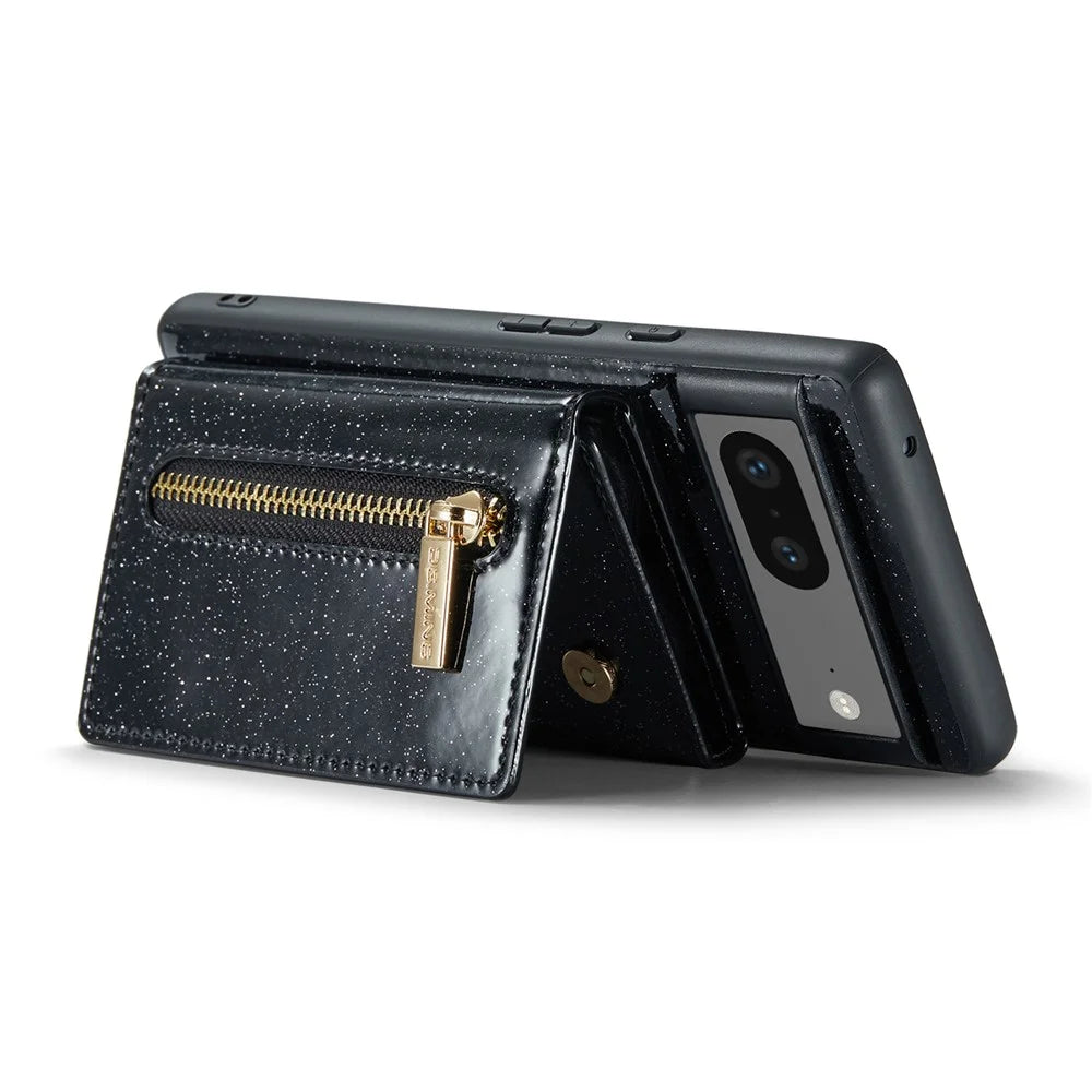 DG.MING M3 Series For Google Pixel 7 5G Magnetic Detachable Glitter Bling Powder PU Leather Phone Cover Wallet Kickstand Shockproof Phone Case - Black - 3