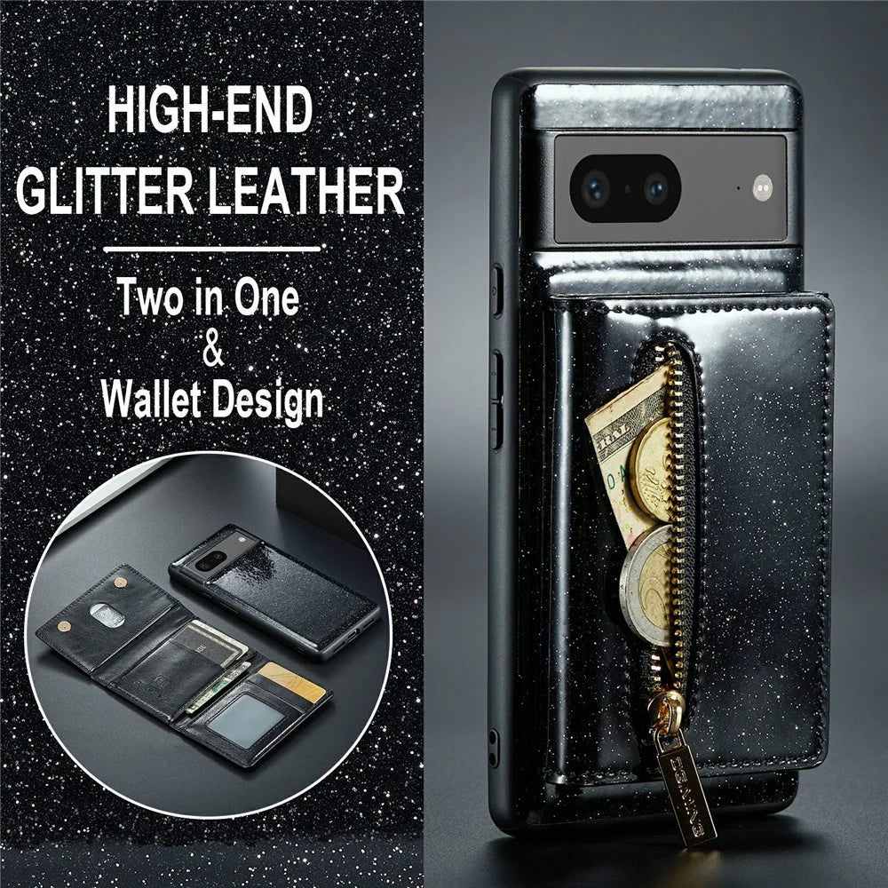 DG.MING M3 Series For Google Pixel 7 5G Magnetic Detachable Glitter Bling Powder PU Leather Phone Cover Wallet Kickstand Shockproof Phone Case - Black - 5