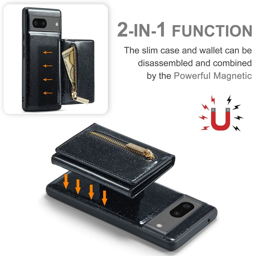 DG.MING M3 Series For Google Pixel 7 5G Magnetic Detachable Glitter Bling Powder PU Leather Phone Cover Wallet Kickstand Shockproof Phone Case - Black - 6
