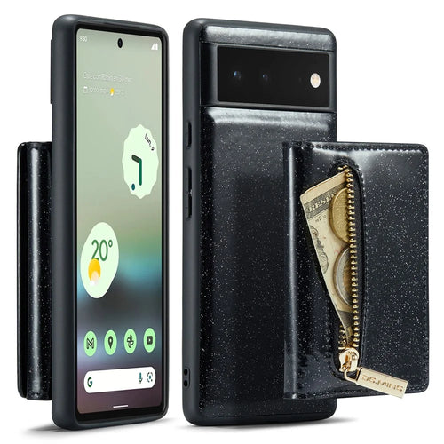 DG.MING M3 Series For Google Pixel 6a Glitter Bling Powder PU Leather Anti-scratch Magnetic Phone Cover PC+TPU Kickstand Zipper Pocket Wallet Smartphone Case - Black - 1