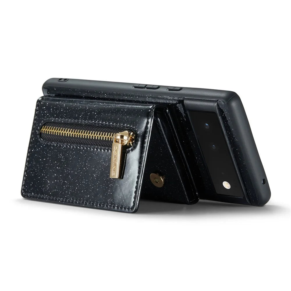 DG.MING M3 Series For Google Pixel 6a Glitter Bling Powder PU Leather Anti-scratch Magnetic Phone Cover PC+TPU Kickstand Zipper Pocket Wallet Smartphone Case - Black - 3