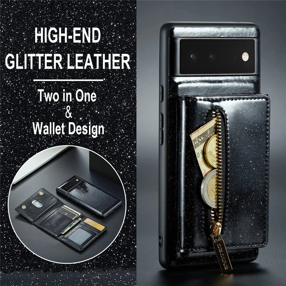 DG.MING M3 Series For Google Pixel 6a Glitter Bling Powder PU Leather Anti-scratch Magnetic Phone Cover PC+TPU Kickstand Zipper Pocket Wallet Smartphone Case - Black - 5