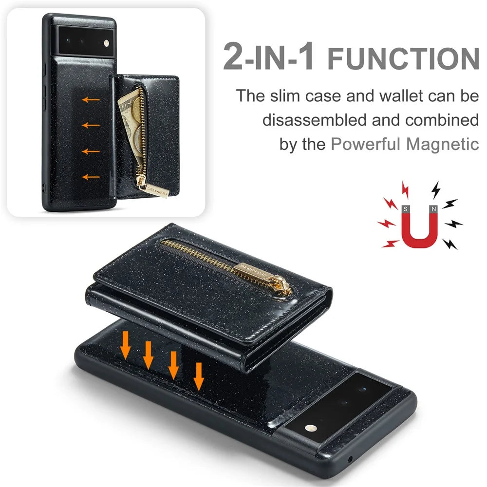 DG.MING M3 Series For Google Pixel 6a Glitter Bling Powder PU Leather Anti-scratch Magnetic Phone Cover PC+TPU Kickstand Zipper Pocket Wallet Smartphone Case - Black - 6
