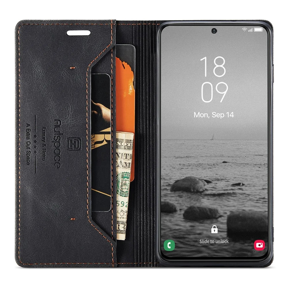 AUTSPACE A01 Series for Samsung Galaxy S23 RFID Blocking Anti-drop Phone Case Retro Texture PU Leather Wallet Stand Matte Flip Phone Cover - Black - 2