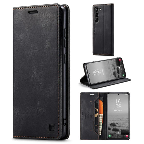 AUTSPACE A01 Series for Samsung Galaxy S23+ RFID Blocking Cell Phone Case Stand Wallet Retro Texture Shockproof PU Leather Matte Phone Cover - Black - 1
