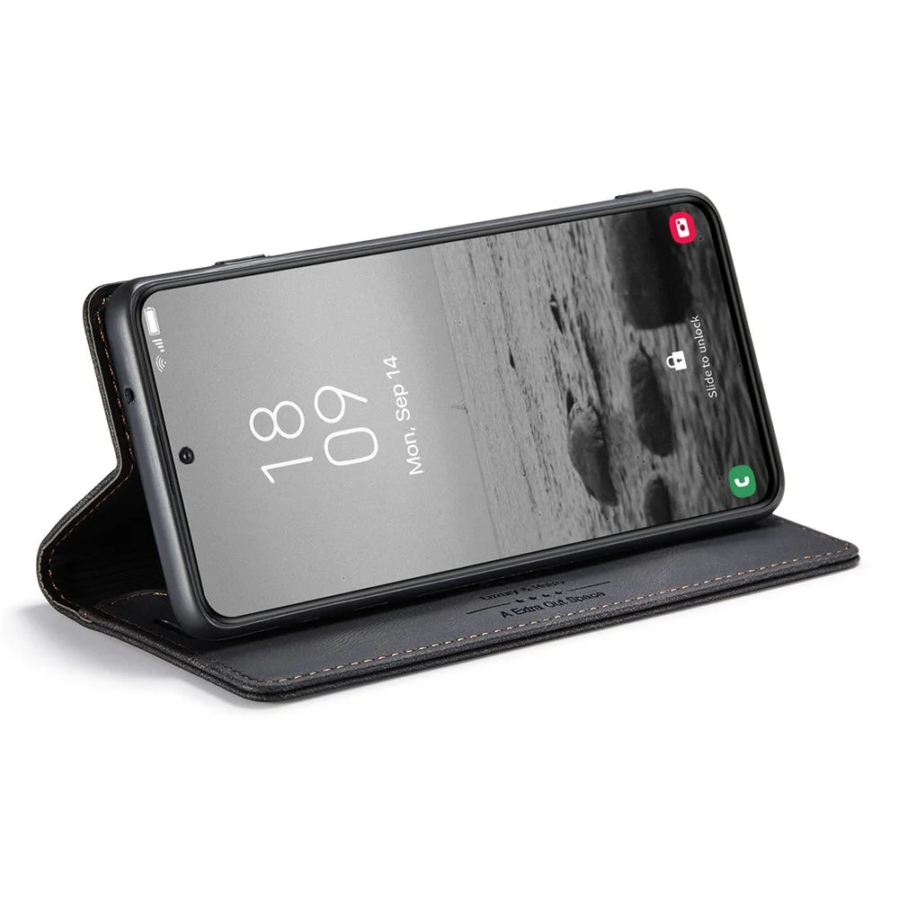 AUTSPACE A01 Series for Samsung Galaxy S23+ RFID Blocking Cell Phone Case Stand Wallet Retro Texture Shockproof PU Leather Matte Phone Cover - Black - 3