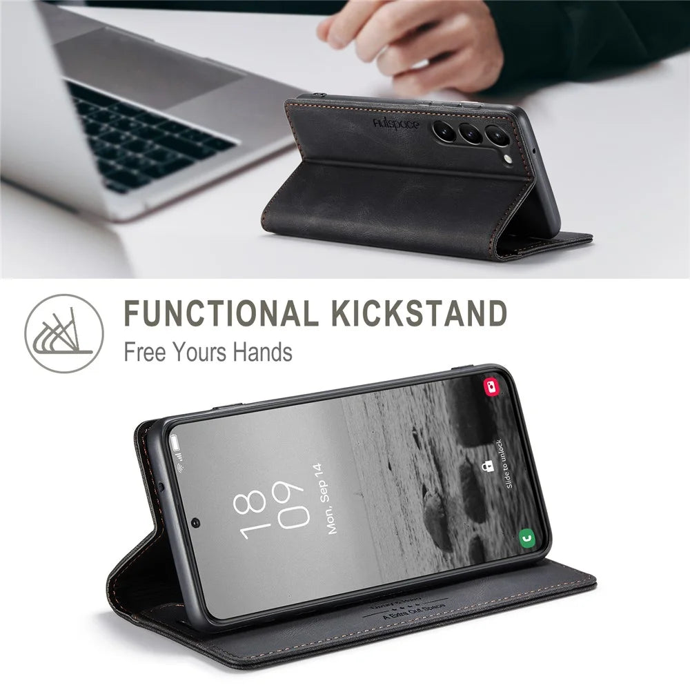 AUTSPACE A01 Series for Samsung Galaxy S23+ RFID Blocking Cell Phone Case Stand Wallet Retro Texture Shockproof PU Leather Matte Phone Cover - Black - 4
