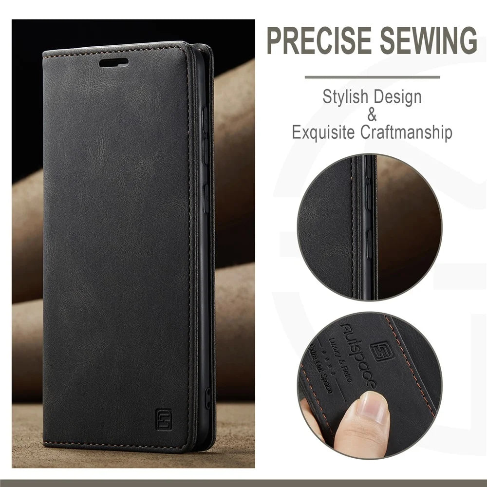 AUTSPACE A01 Series for Samsung Galaxy S23+ RFID Blocking Cell Phone Case Stand Wallet Retro Texture Shockproof PU Leather Matte Phone Cover - Black - 6