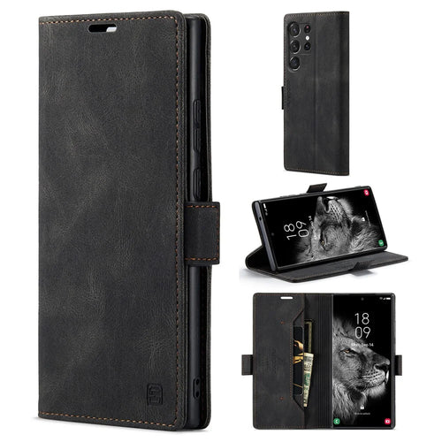 AUTSPACE A01 Series for Samsung Galaxy S23 Ultra RFID Blocking Phone Case Flip Leather Stand Wallet Full Protection Retro Texture Matte Phone Cover - Black - 1