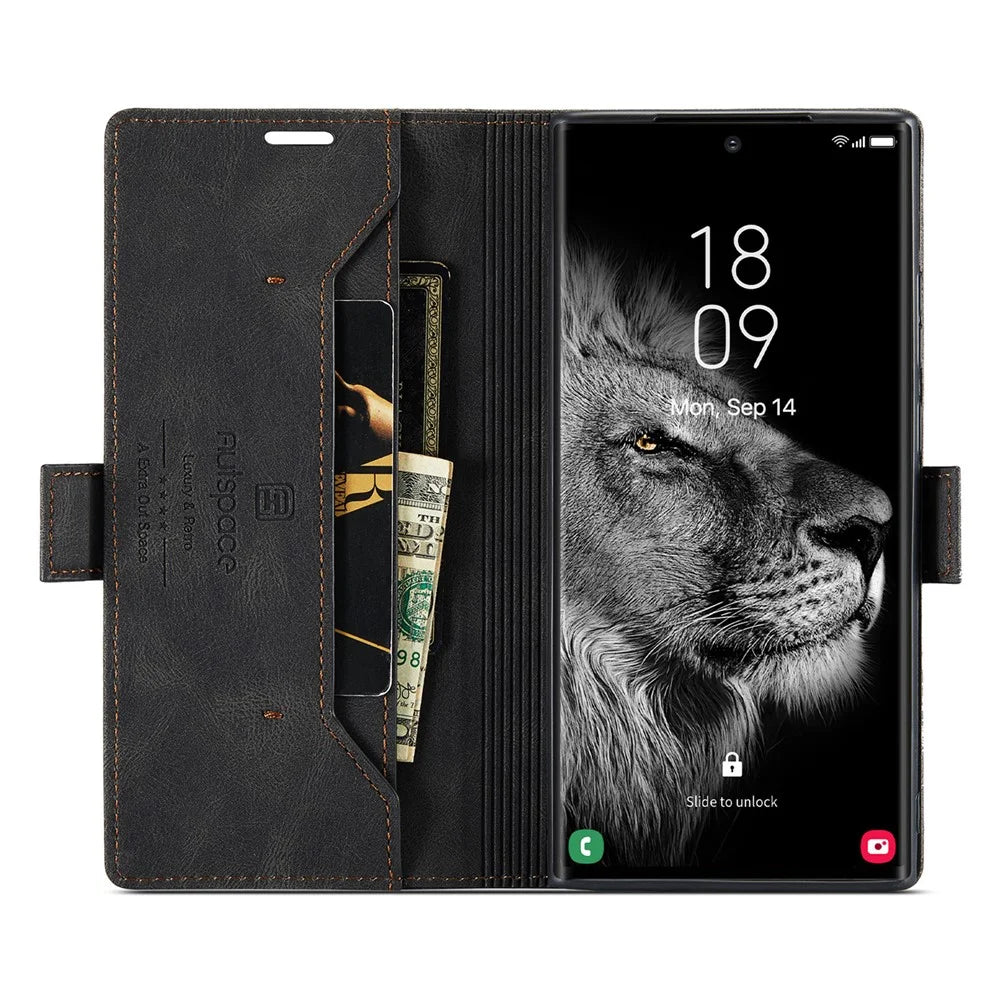 AUTSPACE A01 Series for Samsung Galaxy S23 Ultra RFID Blocking Phone Case Flip Leather Stand Wallet Full Protection Retro Texture Matte Phone Cover - Black - 2