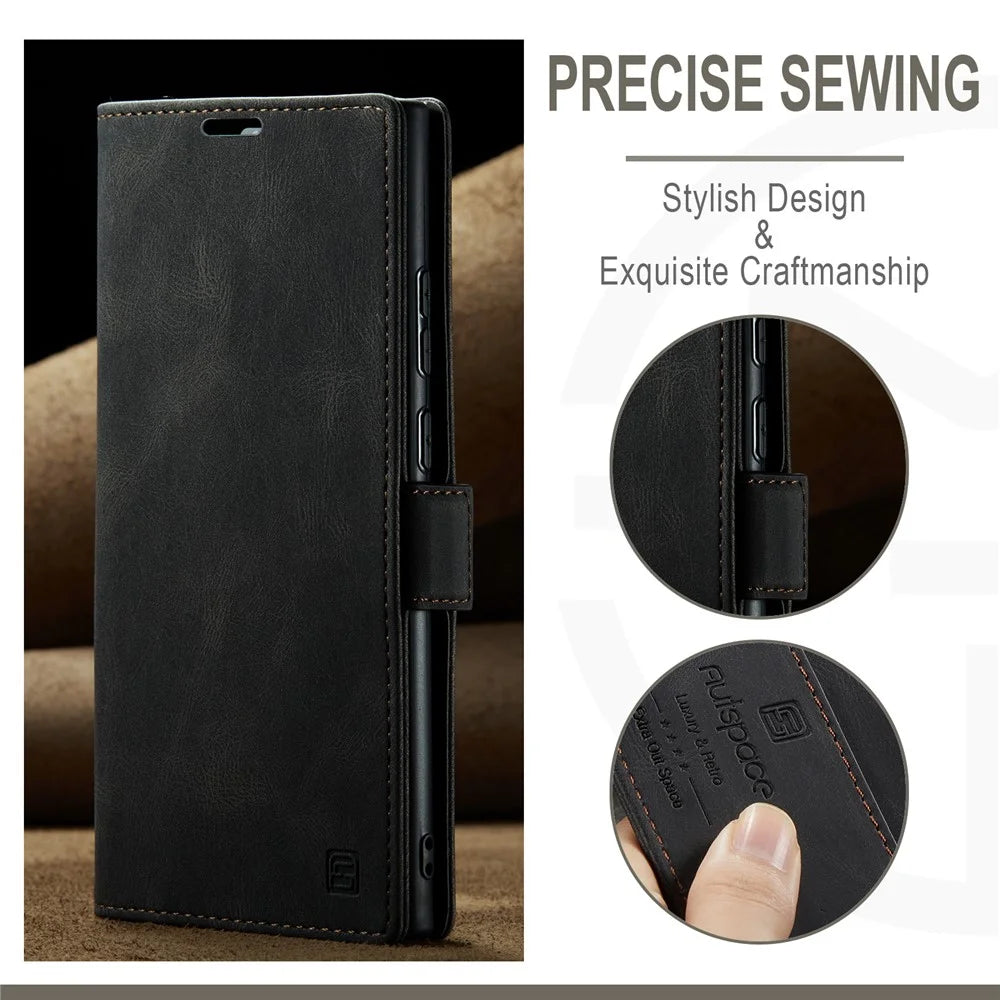 AUTSPACE A01 Series for Samsung Galaxy S23 Ultra RFID Blocking Phone Case Flip Leather Stand Wallet Full Protection Retro Texture Matte Phone Cover - Black - 6