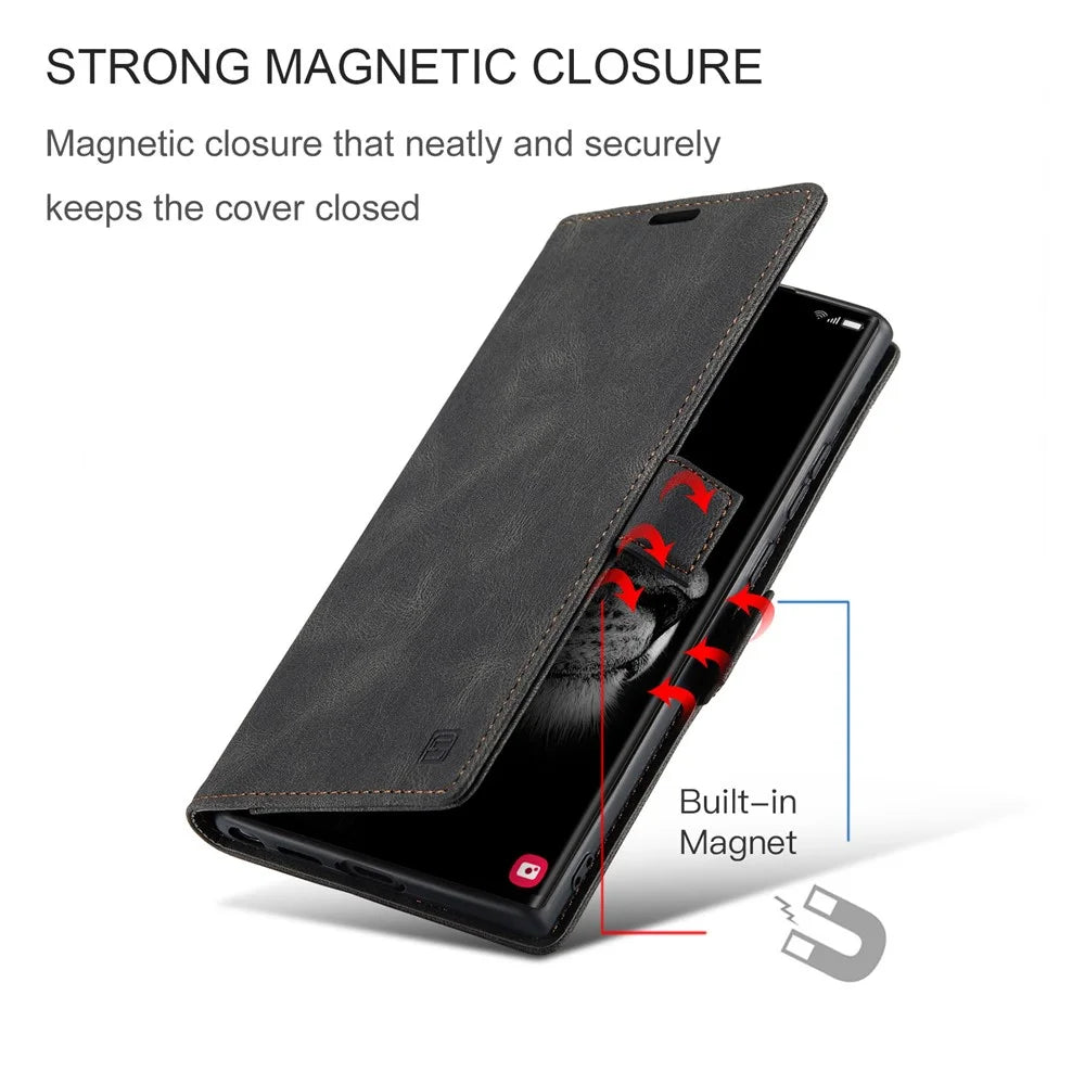 AUTSPACE A01 Series for Samsung Galaxy S23 Ultra RFID Blocking Phone Case Flip Leather Stand Wallet Full Protection Retro Texture Matte Phone Cover - Black - 7