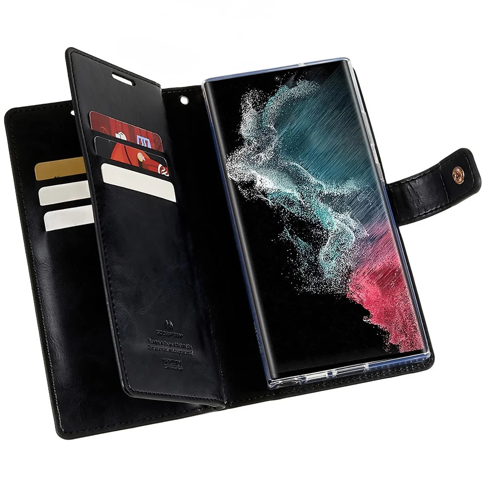 MERCURY GOOSPERY Mansoor Series for Samsung Galaxy S23 Ultra Cell Phone Case Anti-Drop Wallet Multiple Card Slots Leather Phone Cover - Black - 4