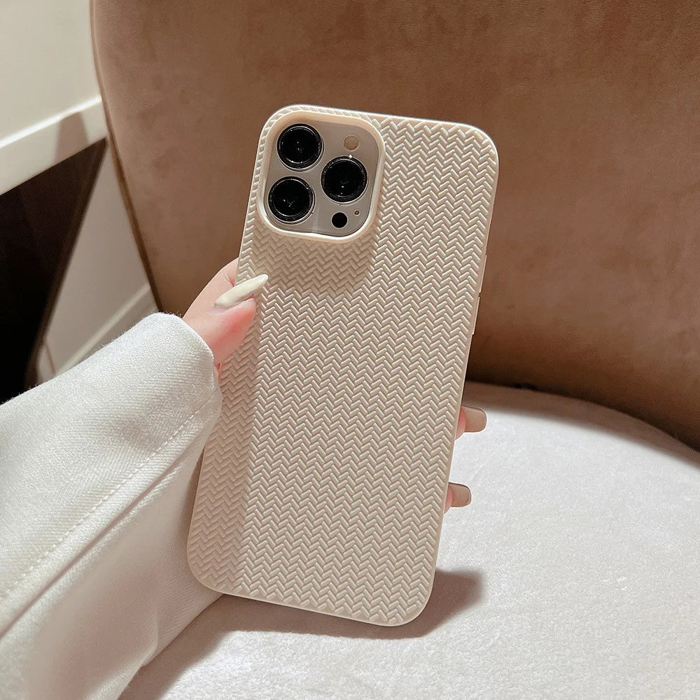 Back Shell for iPhone 14 Pro, Woven Texture Soft TPU Protective Case Anti-fall Phone Cover - Apricot - 4