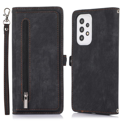 Shockproof Phone Case For Samsung Galaxy A32 4G (US Version) Zipper Pocket Wallet 9 Card Slots Stand PU Leather Phone Cover with Wrist Strap - Black - 1