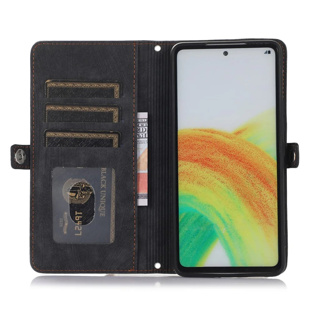 Shockproof Phone Case For Samsung Galaxy A32 4G (US Version) Zipper Pocket Wallet 9 Card Slots Stand PU Leather Phone Cover with Wrist Strap - Black - 2