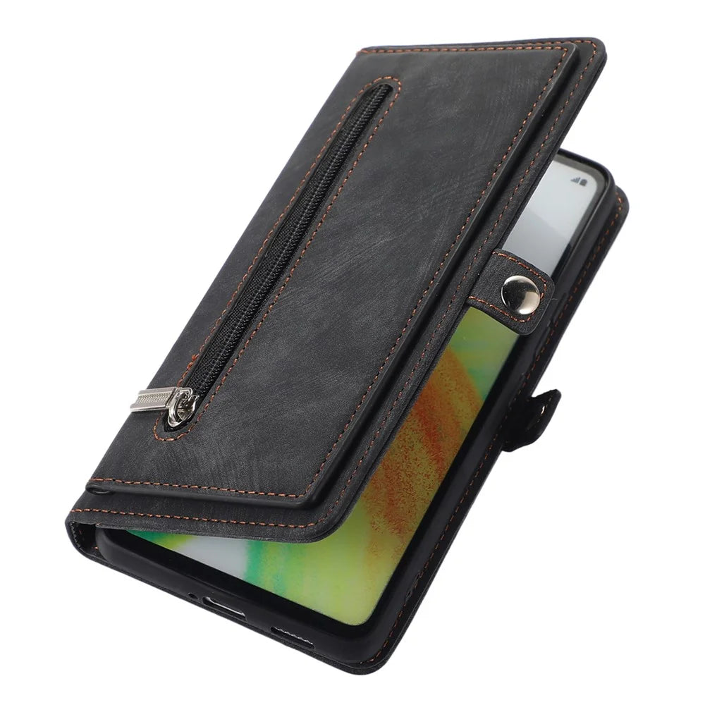 Shockproof Phone Case For Samsung Galaxy A32 4G (US Version) Zipper Pocket Wallet 9 Card Slots Stand PU Leather Phone Cover with Wrist Strap - Black - 5