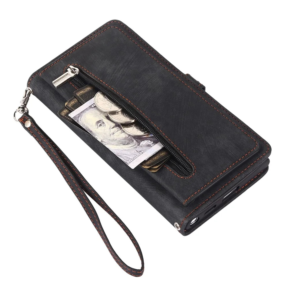 Shockproof Phone Case For Samsung Galaxy A32 4G (US Version) Zipper Pocket Wallet 9 Card Slots Stand PU Leather Phone Cover with Wrist Strap - Black - 7