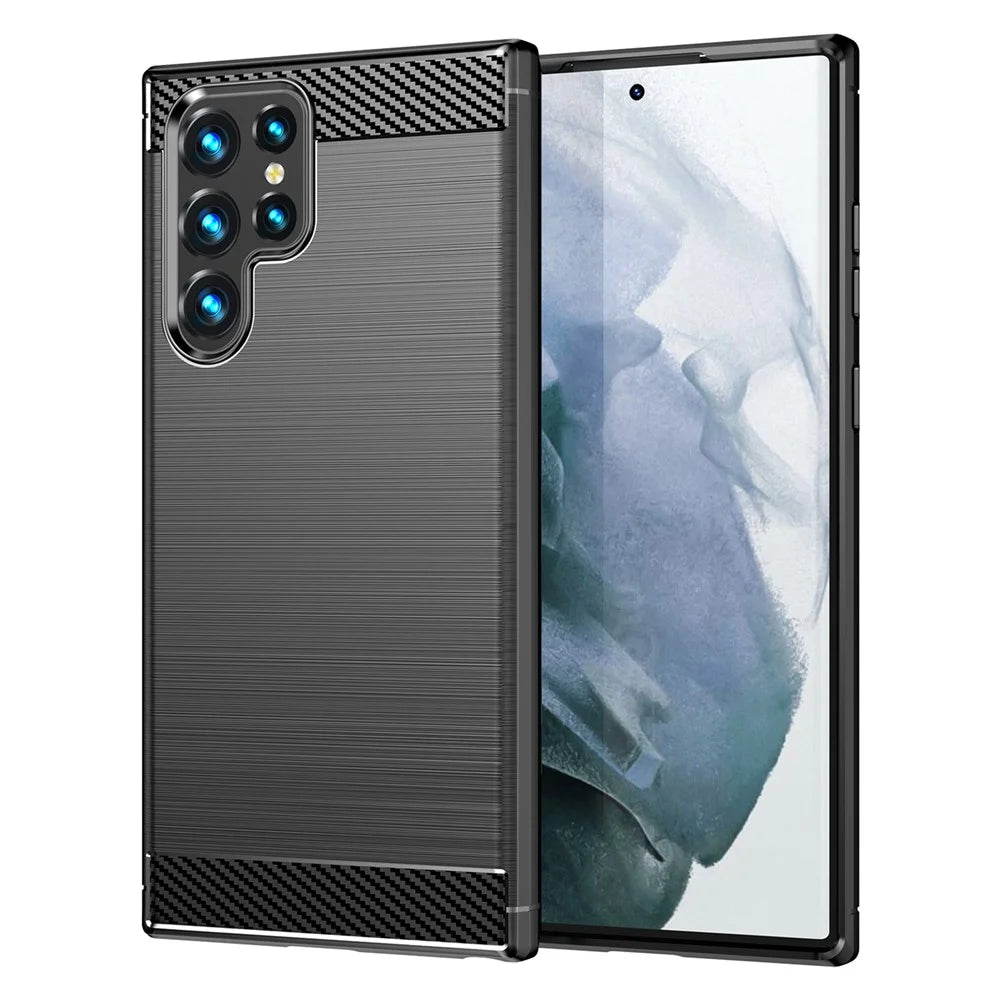 For Samsung Galaxy S23 Ultra Anti-scratch Carbon Fiber Texture Phone Cover Brushed Flexible TPU Back Cover - Black - 1
