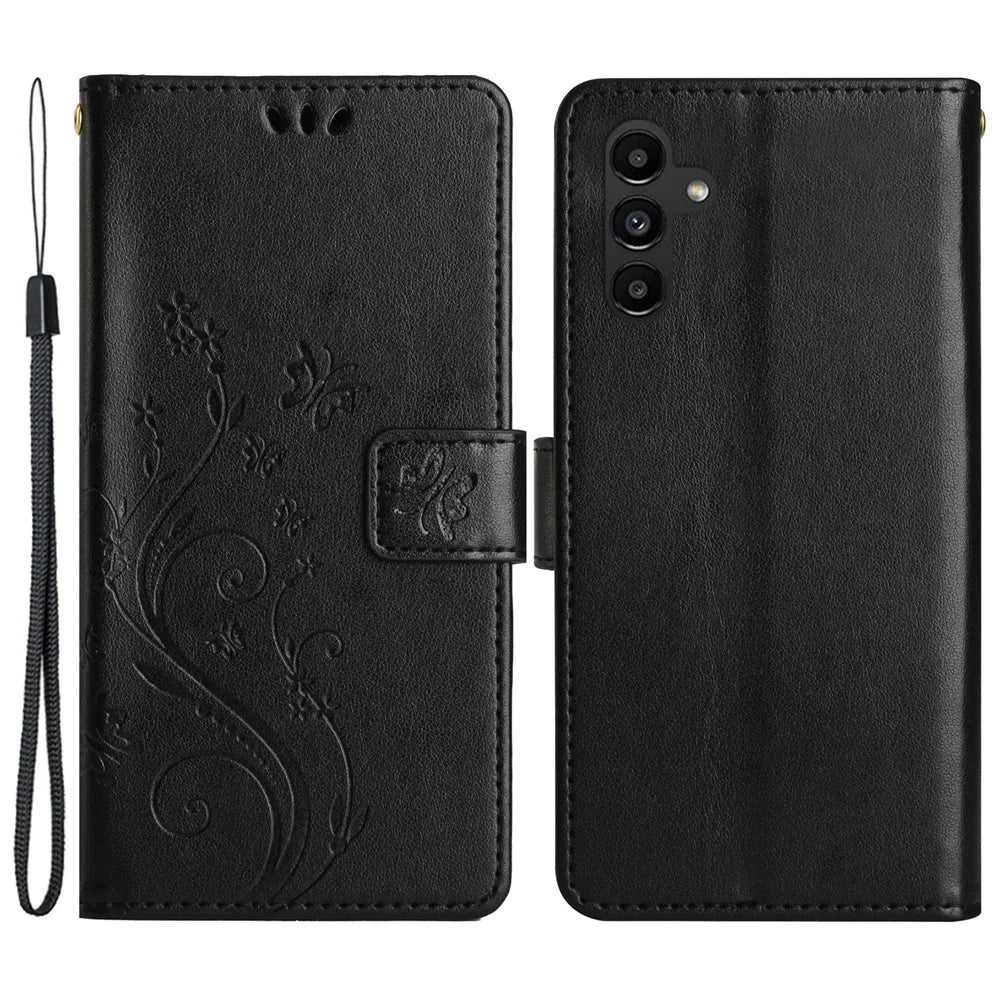 For Samsung Galaxy A54 5G Anti-drop Flower Butterfly Imprinted Flip Phone Cover Shockproof PU Leather Phone Case Wallet Stand - Black - 1