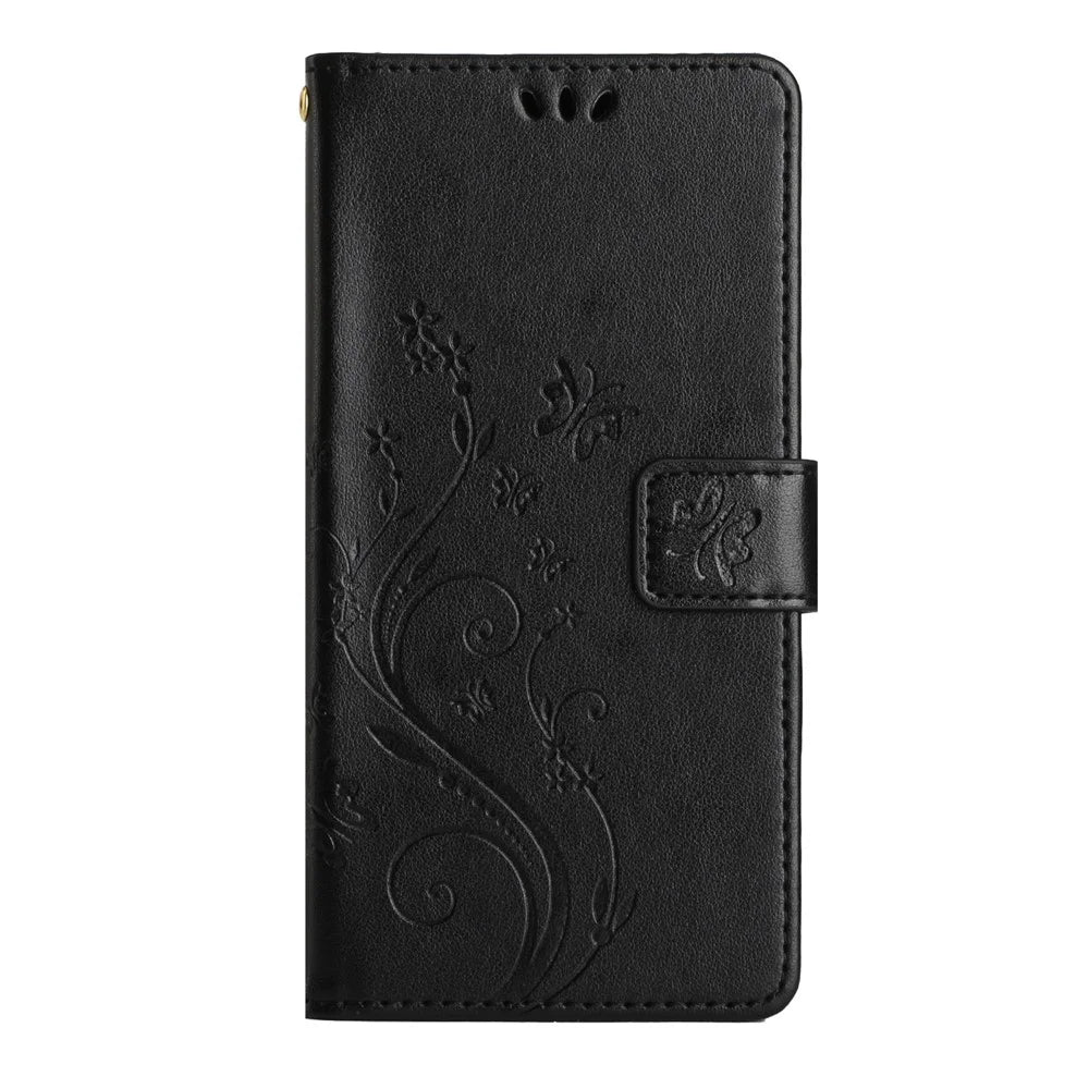 For Samsung Galaxy A54 5G Anti-drop Flower Butterfly Imprinted Flip Phone Cover Shockproof PU Leather Phone Case Wallet Stand - Black - 6