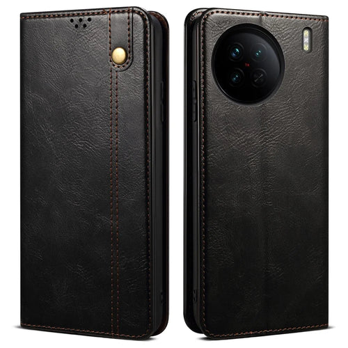 For vivo X90 5G Anti-scratch Phone Wallet Case Stand Waxy Crazy Horse Texture PU Leather Folio Flip Phone Cover - Black - 1