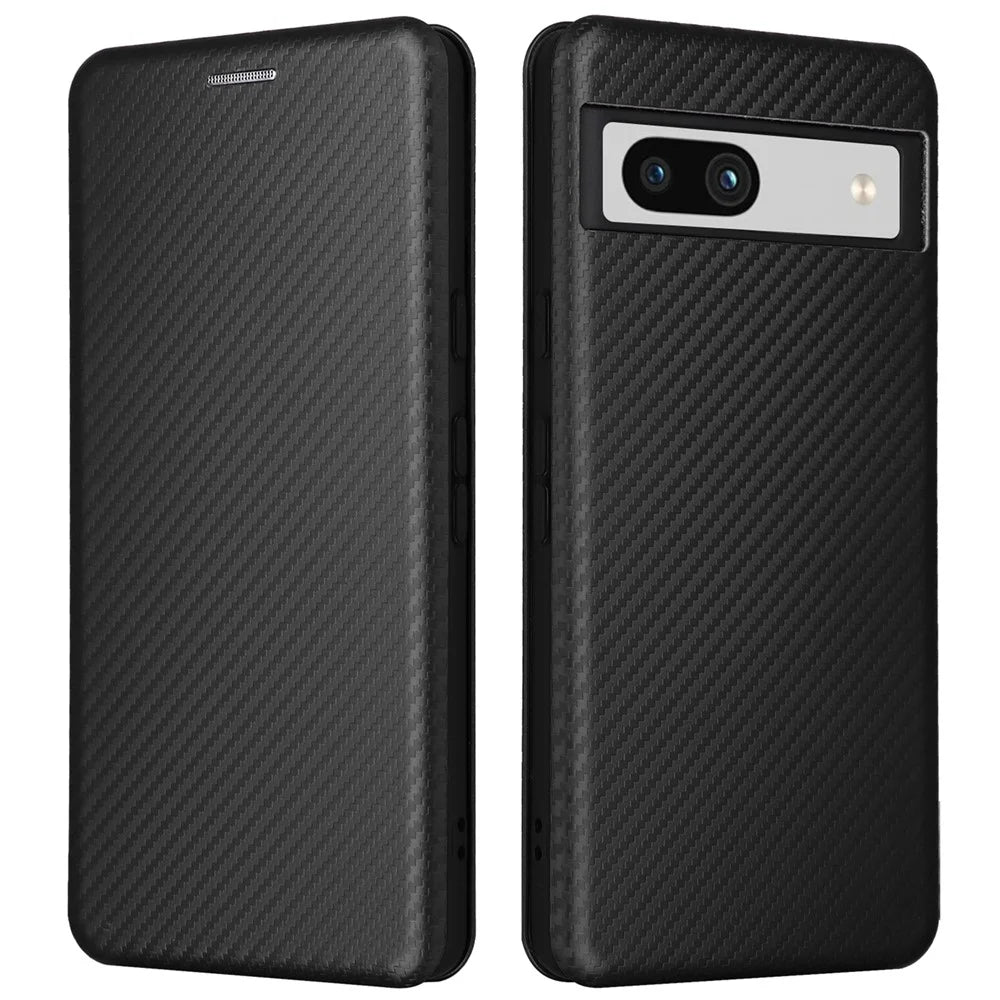 For Google Pixel 7a Carbon Fiber Texture Phone Case Card Slot PU Leather Magnetic Auto-absorbed Stand Cover - Black - 1