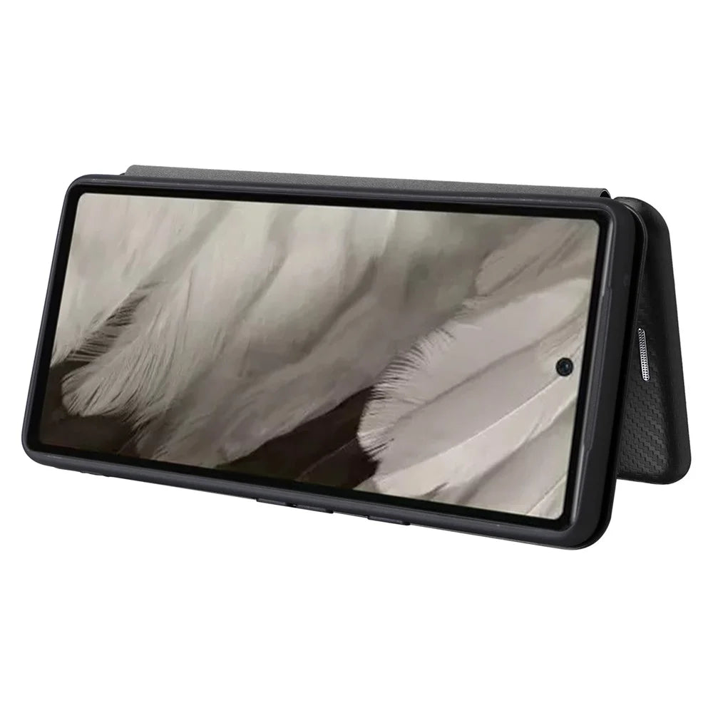 For Google Pixel 7a Carbon Fiber Texture Phone Case Card Slot PU Leather Magnetic Auto-absorbed Stand Cover - Black - 3