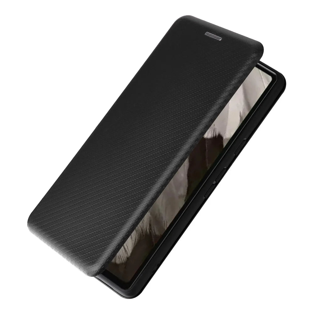 For Google Pixel 7a Carbon Fiber Texture Phone Case Card Slot PU Leather Magnetic Auto-absorbed Stand Cover - Black - 5